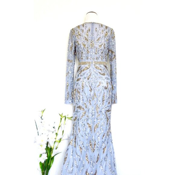 NEW! Mac Duggal Platinum Silver Gold Paisley Beaded Long Sleeve Gown SZ 6 - Picture 7 of 11
